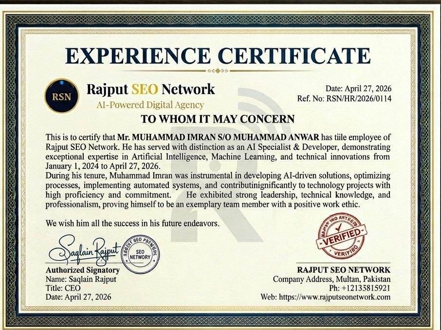Rajput SEO Network experience certificate